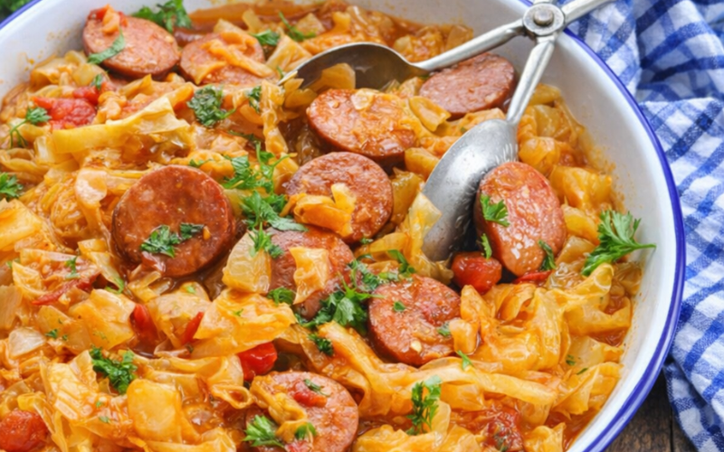 Dump-and-Bake Sausage and Cabbage Dinner
